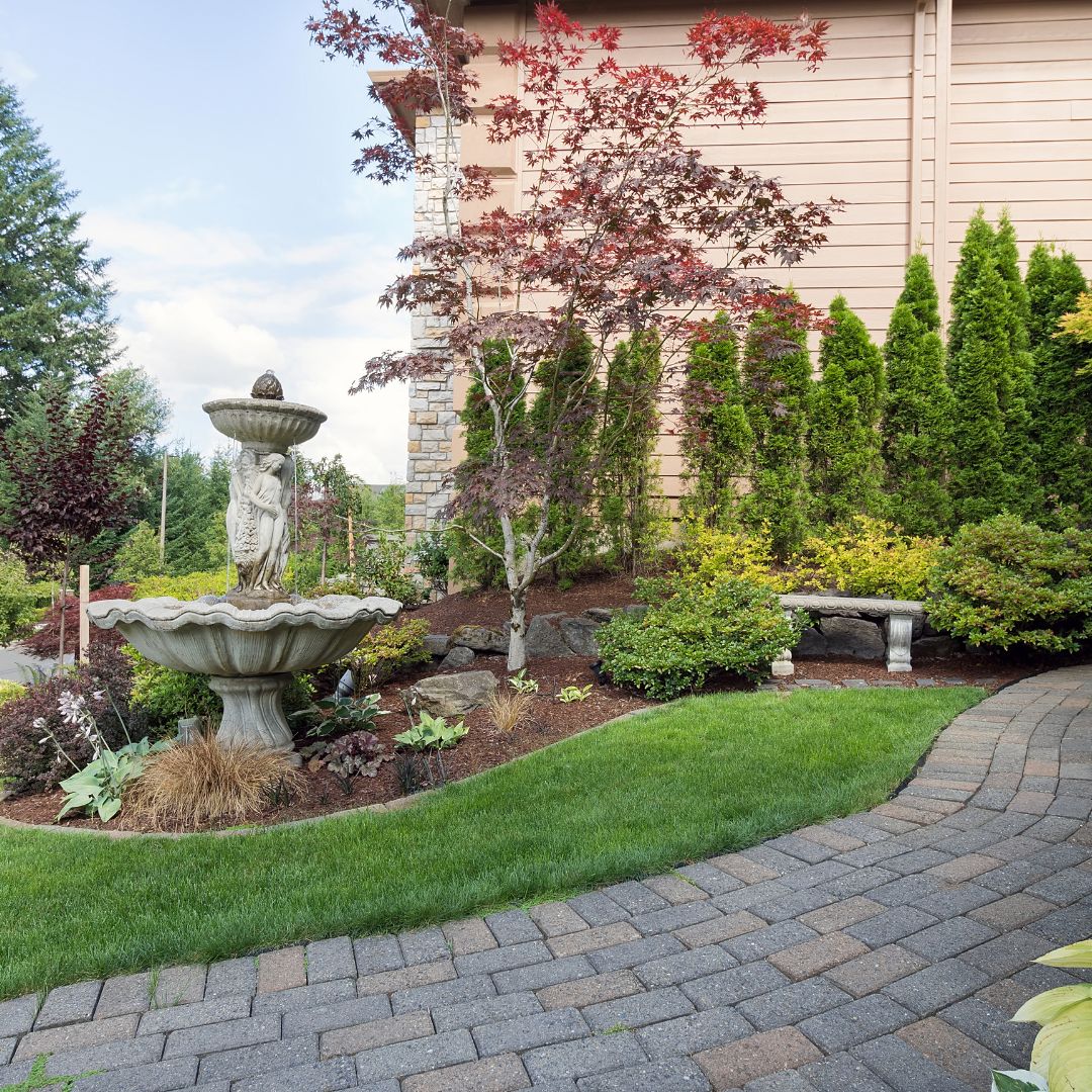 Elegant garden with stone fountain, maple tree, and manicured landscaping